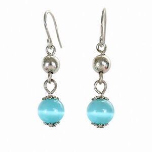 Vintage 1950s Aqua Blue Cat's Eye Glass Bead Drop Earrings Silver Dangle Dreamy